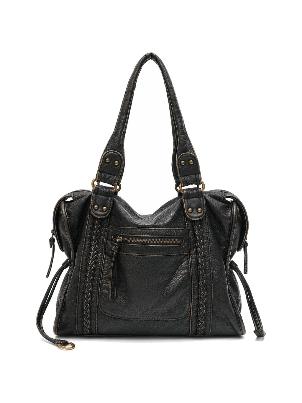 Washed black leather zip tote with braided trim