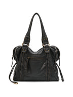 Washed black leather zip tote with braided trim