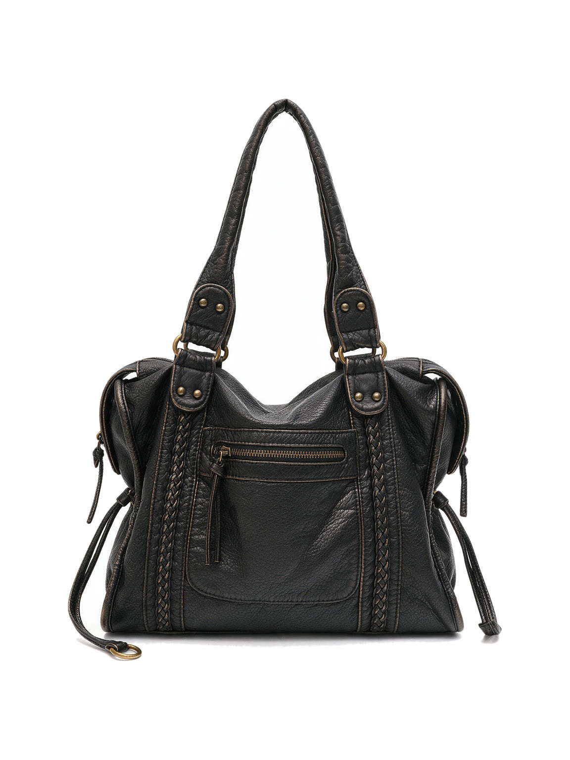 Washed black leather zip tote with braided trim