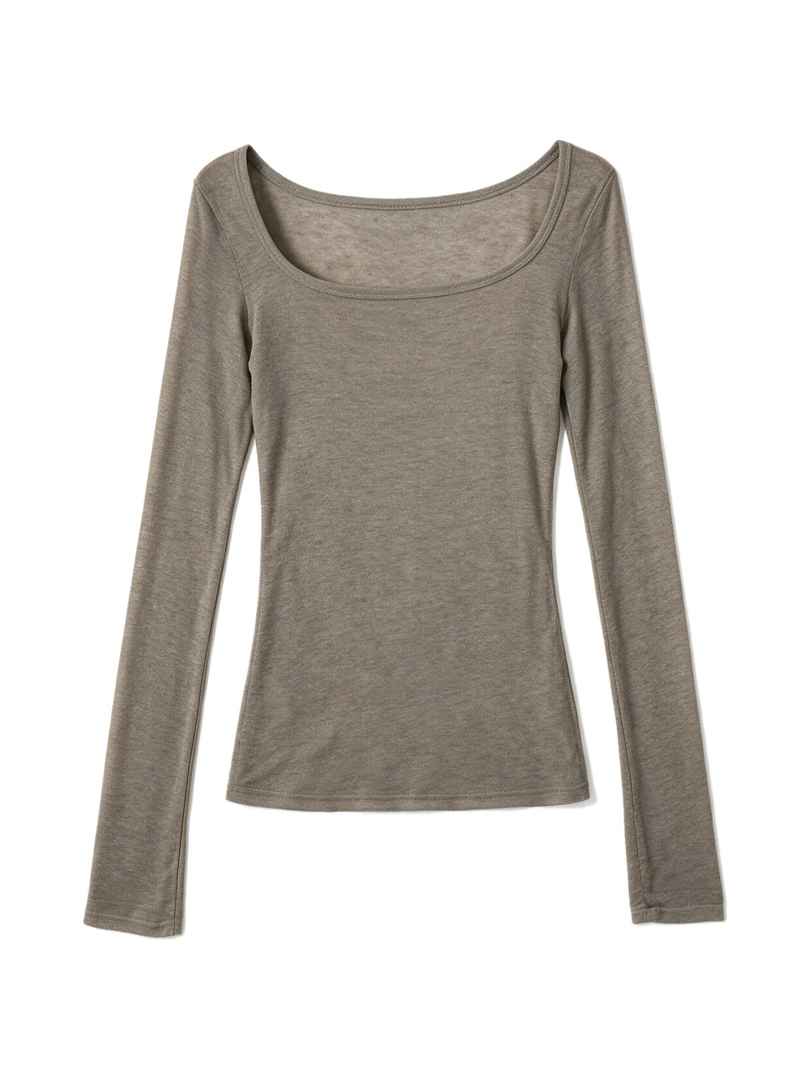 Taupe ribbed long sleeve top with an irregular hem