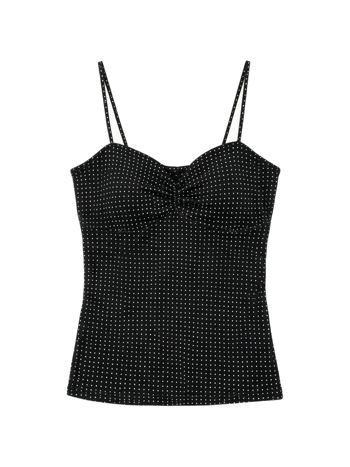 Black polka dot cami with a ruched bust