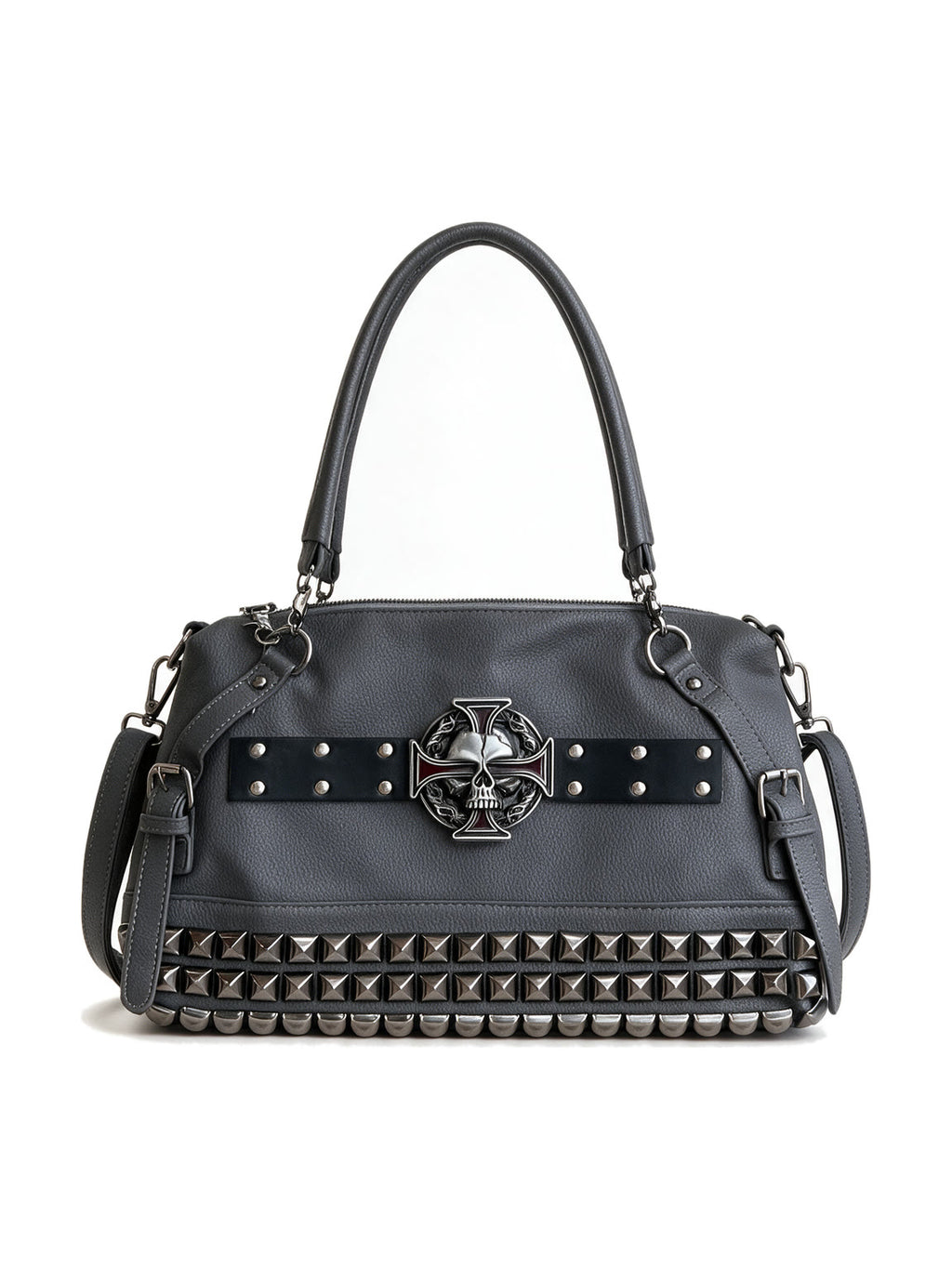 Grey studded moto bag with a silver cross emblem