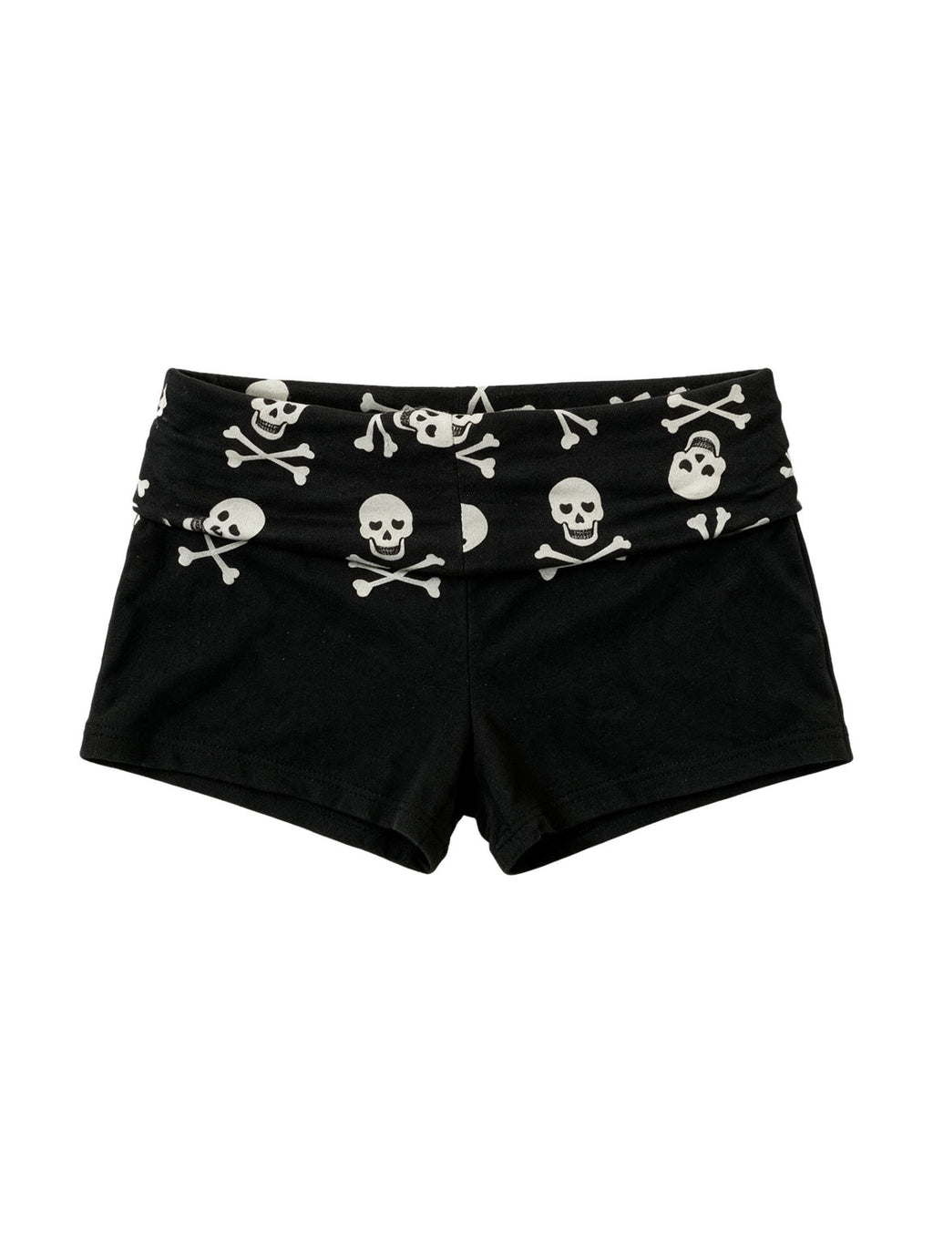 Black shorts with a skull and crossbones printed waistband