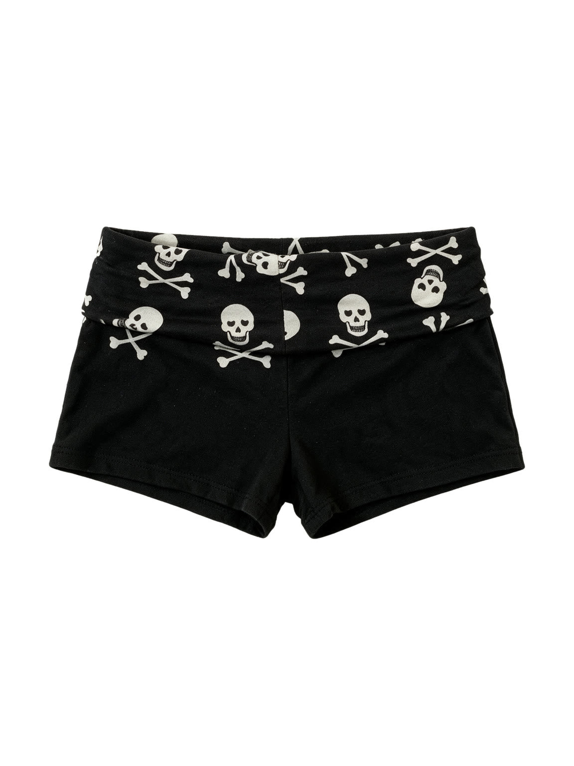 Black shorts with a skull and crossbones printed waistband