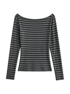 Grey and black striped off shoulder long sleeve top