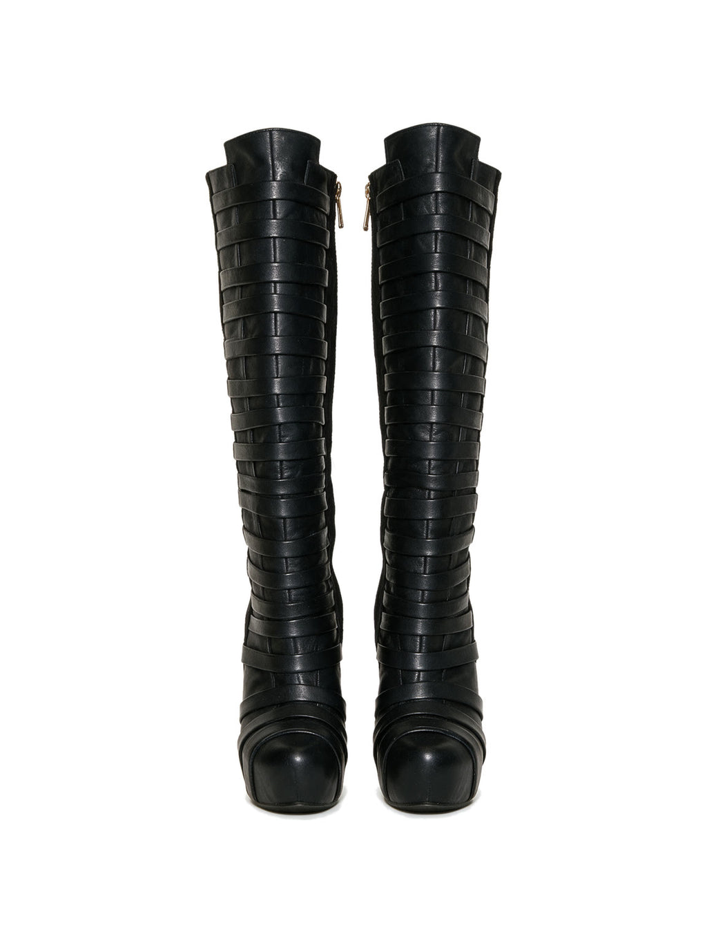 Black multi strap knee high wedge boots