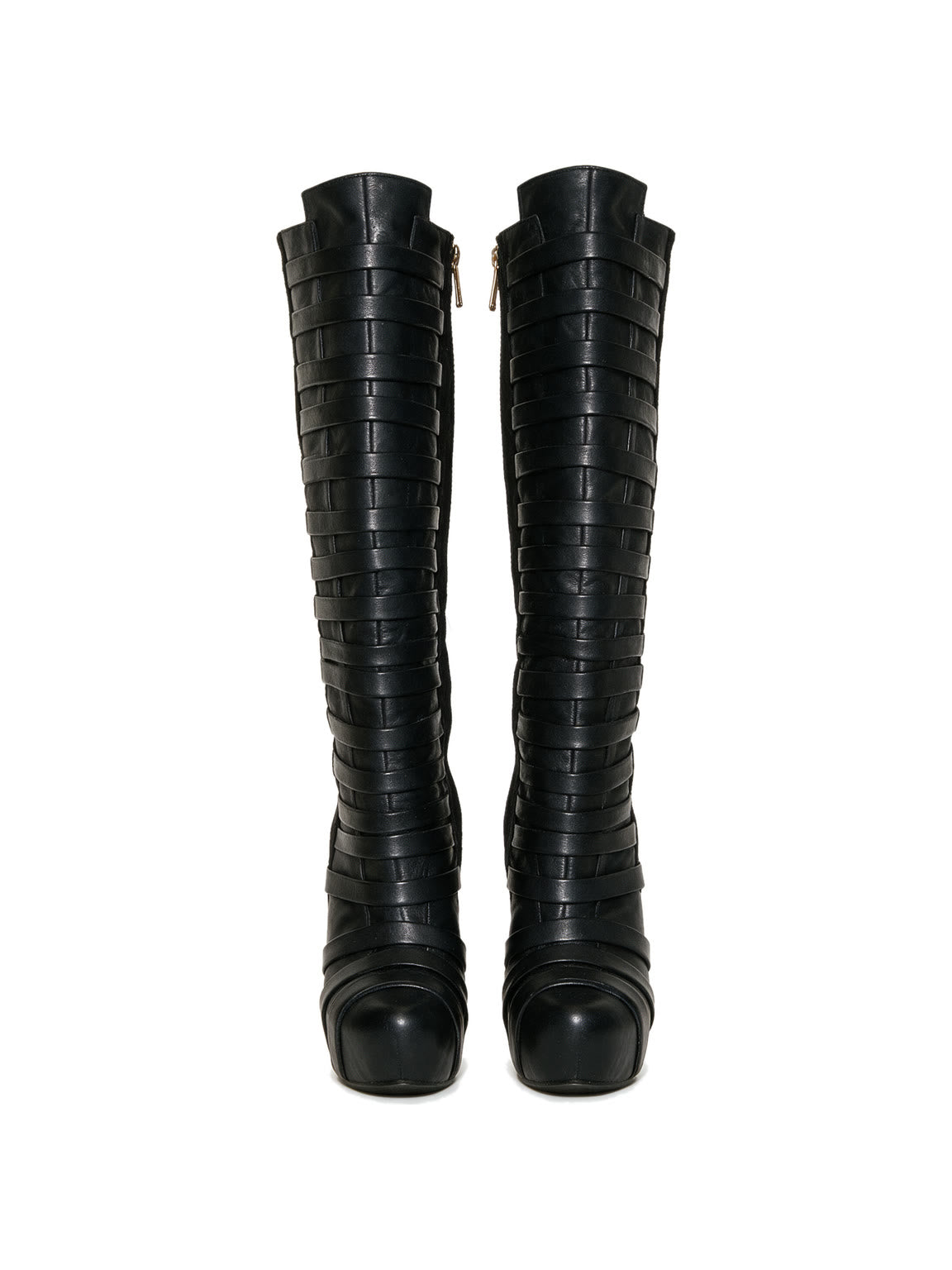 Black multi strap knee high wedge boots