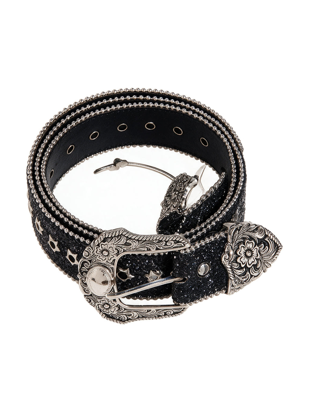 Black western belt with crystals and an engraved silver buckle set
