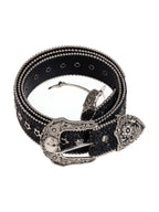 Black western belt with crystals and an engraved silver buckle set