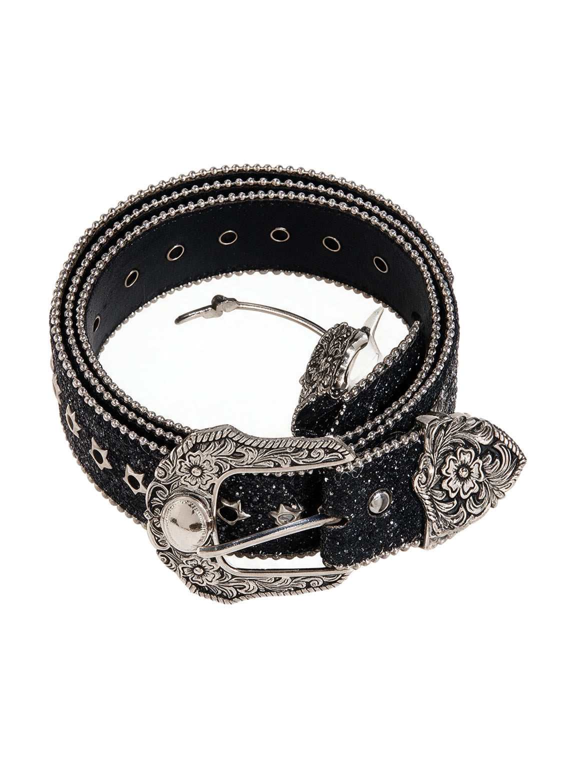 Black western belt with crystals and an engraved silver buckle set