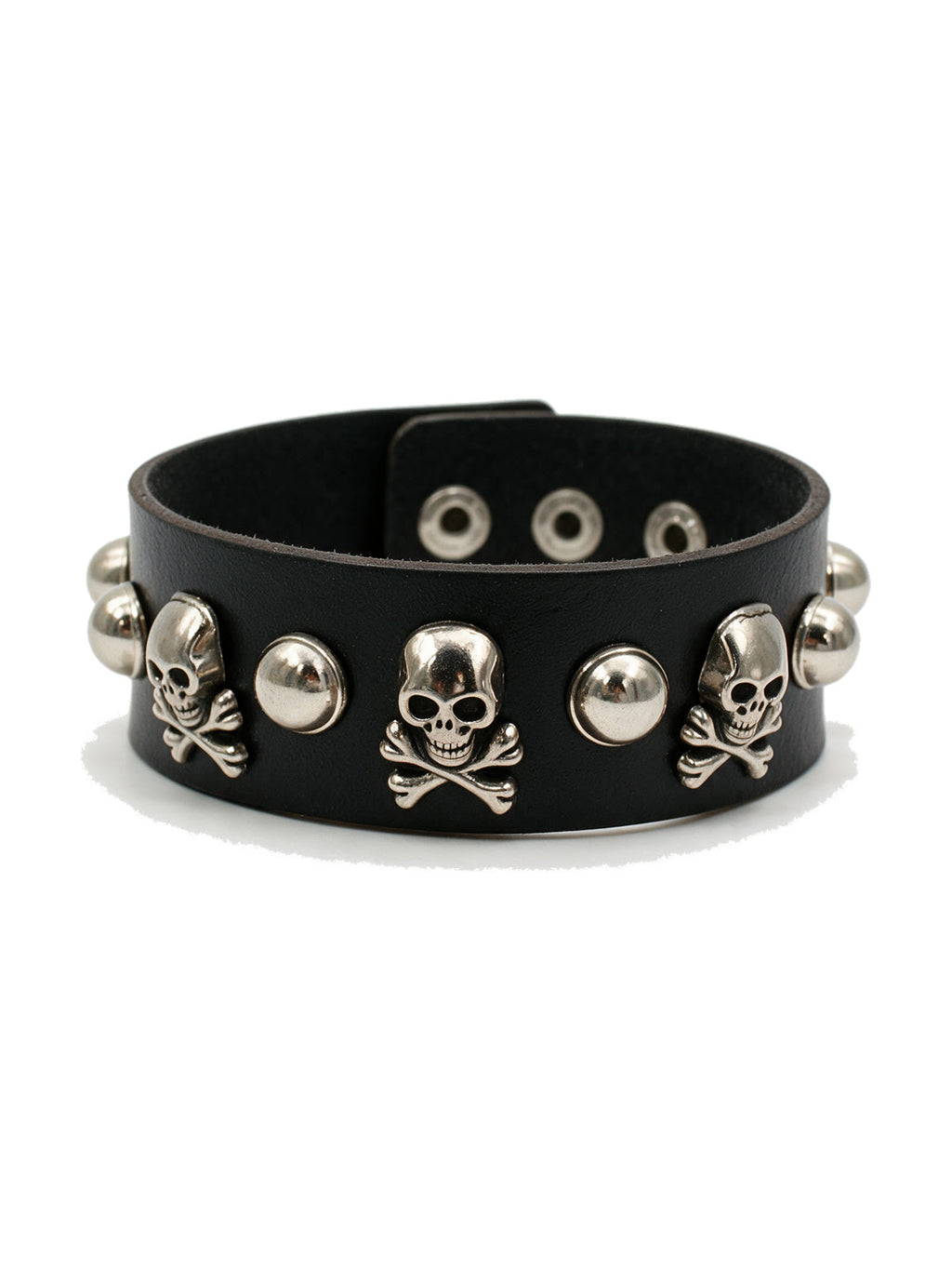 Black leather cuff bracelet with silver skull studs