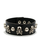 Black leather cuff bracelet with silver skull studs