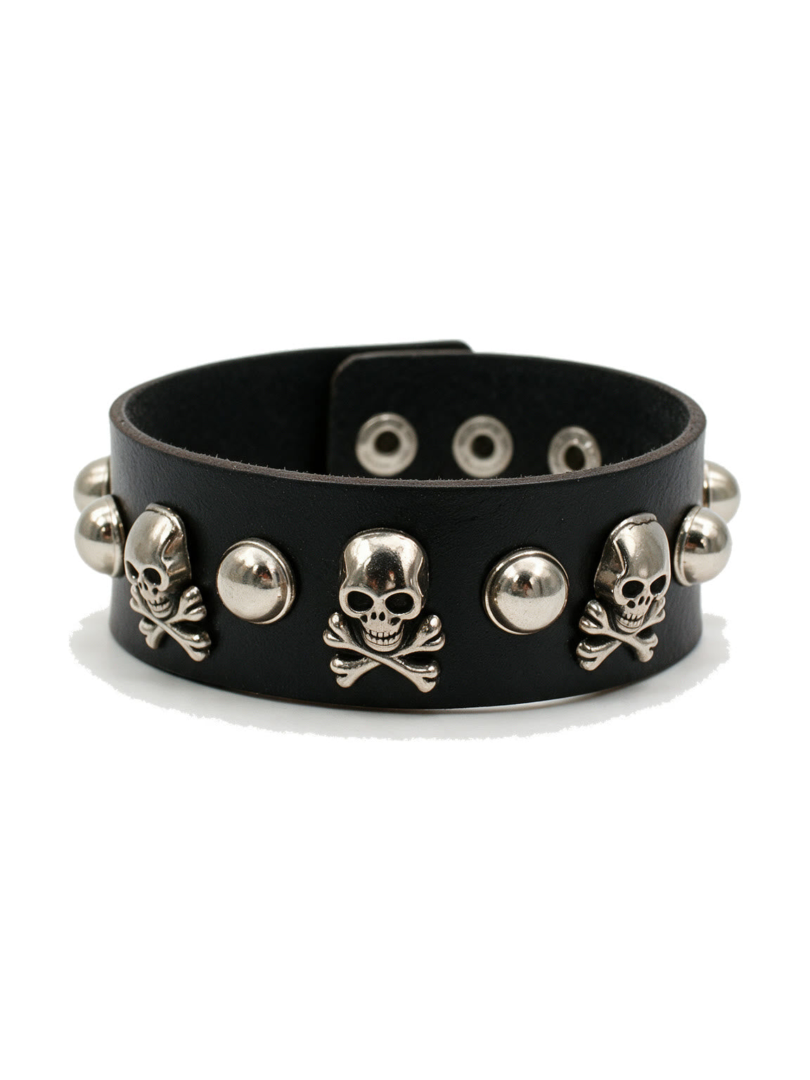 Black leather cuff bracelet with silver skull studs