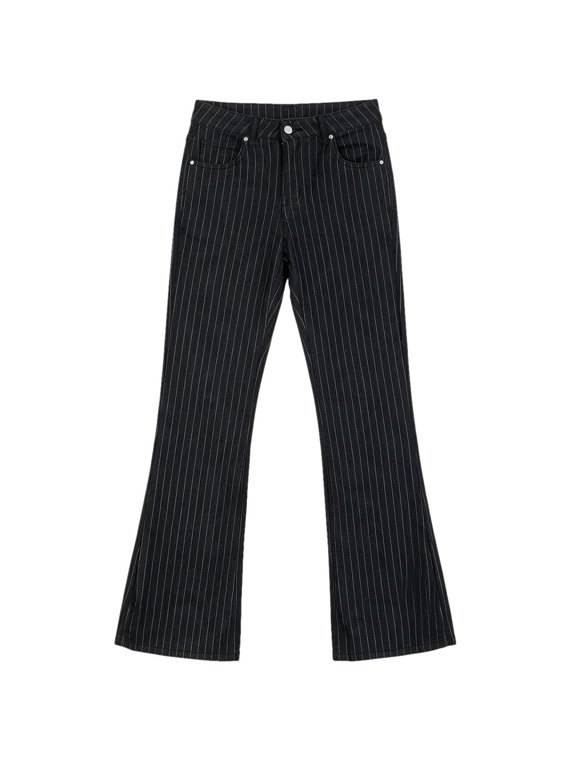 Black pinstripe low rise bootcut trousers