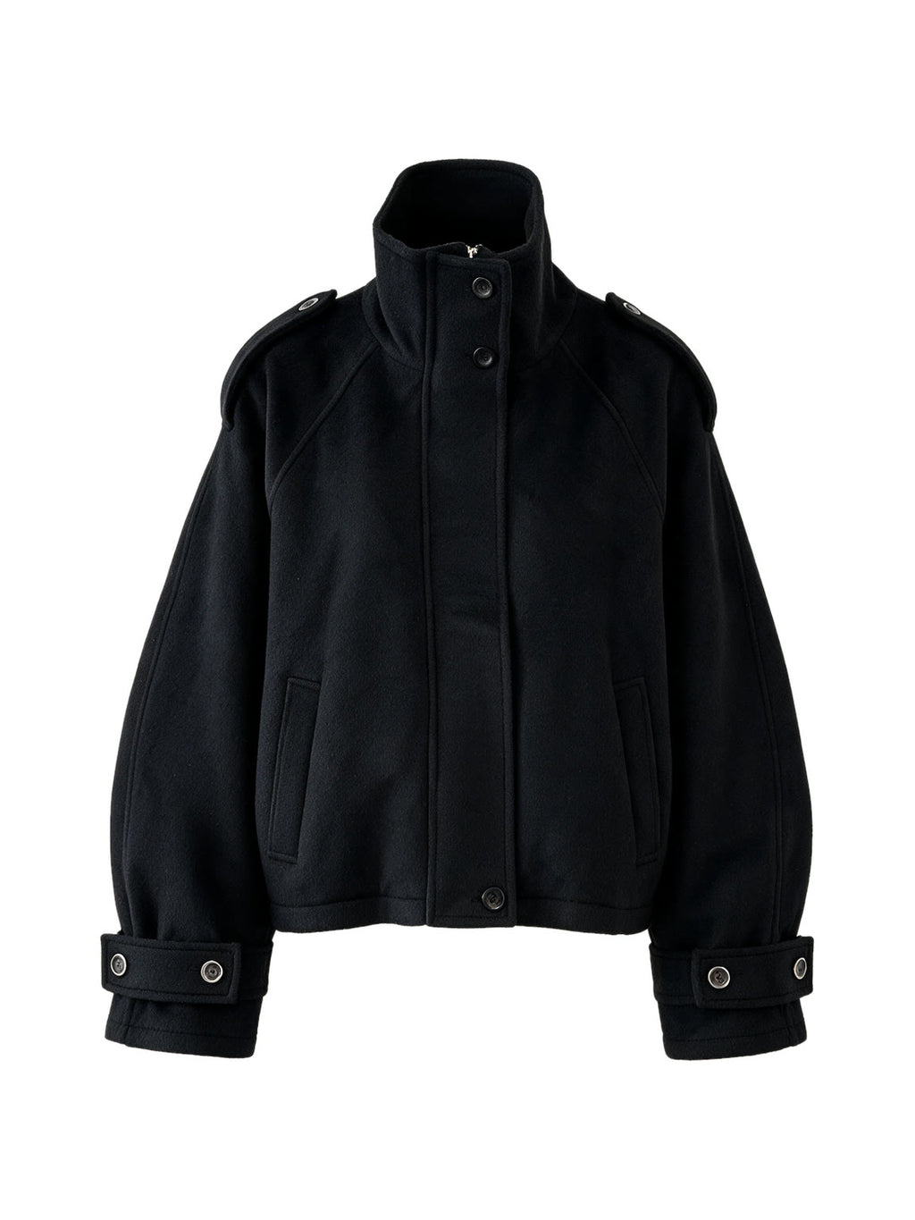 Cropped black wool jacket with buckled cuffs and a high collar