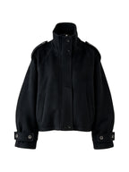 Cropped black wool jacket with buckled cuffs and a high collar