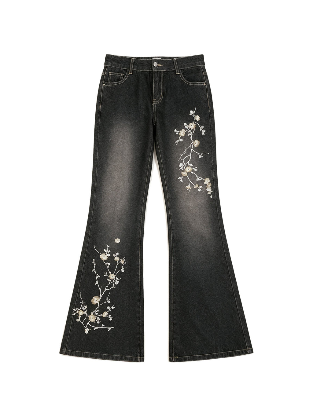 Washed black flare jeans with pale floral embroidery