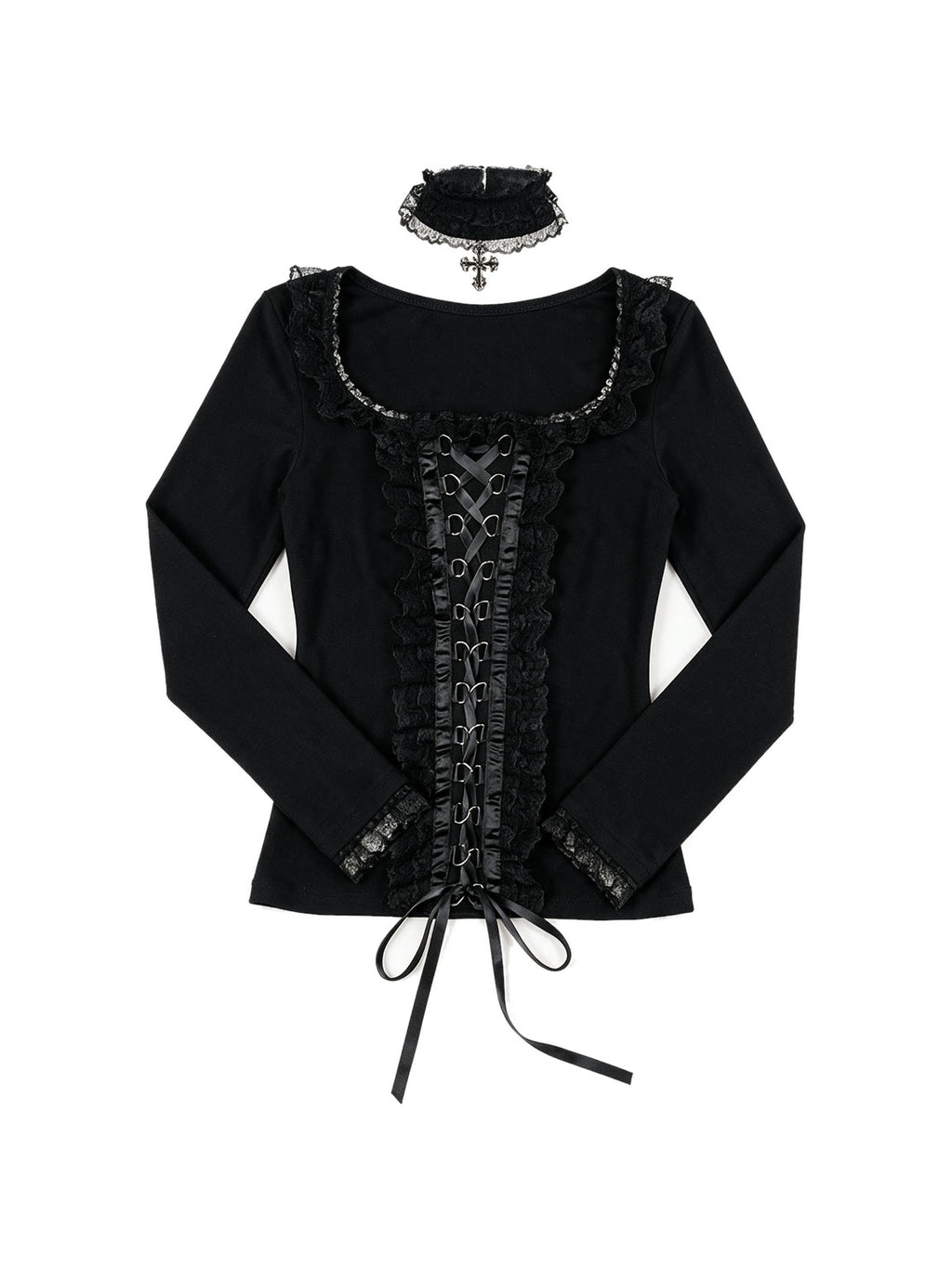 Black square collar long sleeve top with lace up front and choker