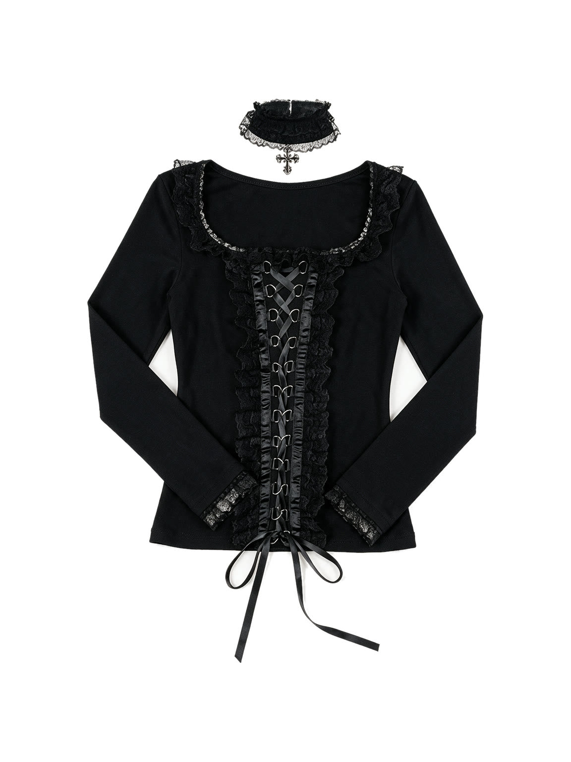 Black square collar long sleeve top with lace up front and choker