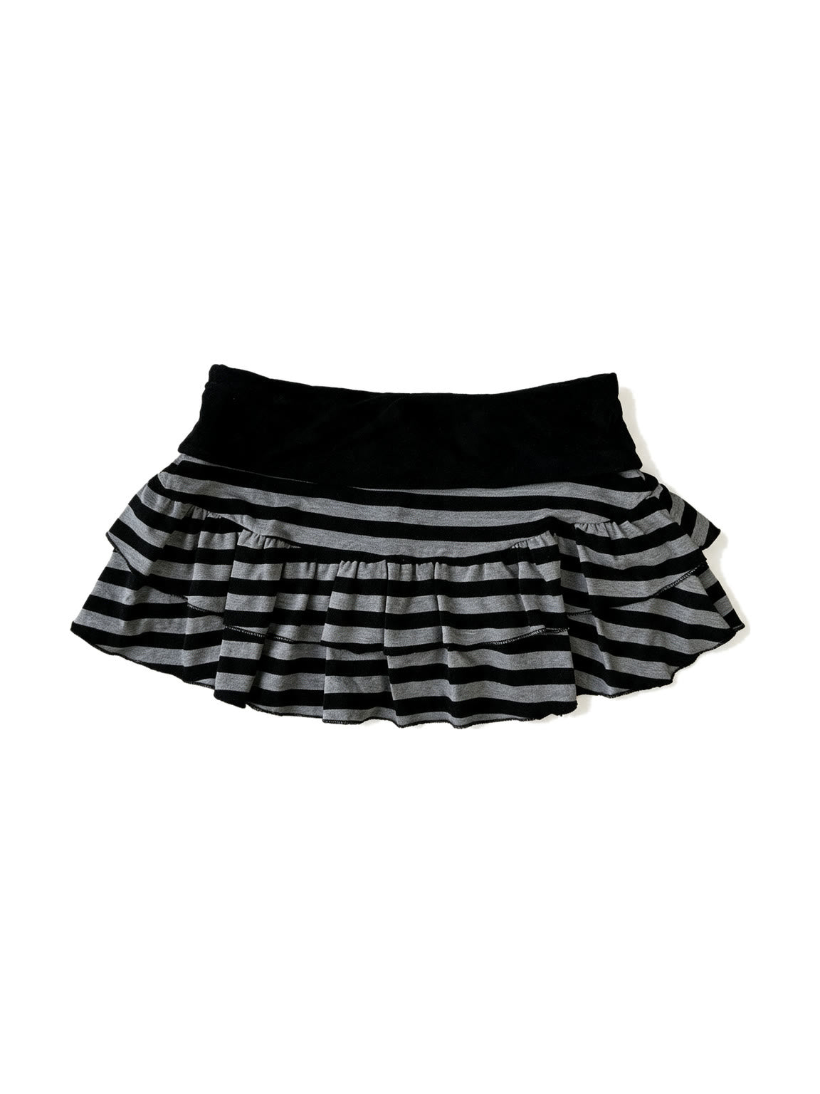 Grey striped tiered mini skirt with a black velvet waistband