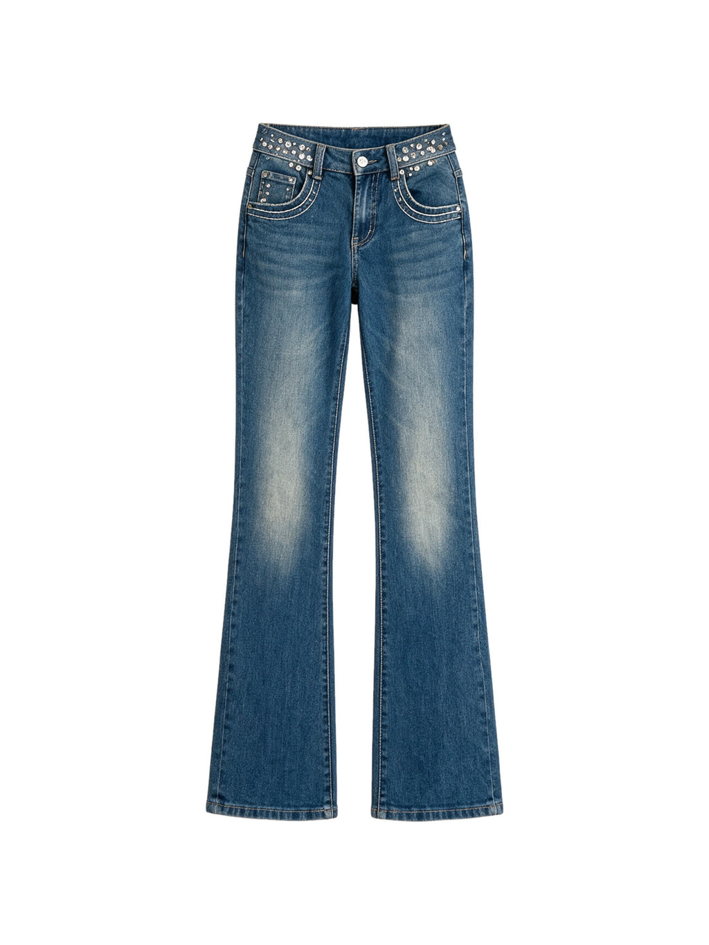 Blue wide leg jeans with a crystal set waistband