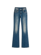 Blue wide leg jeans with a crystal set waistband