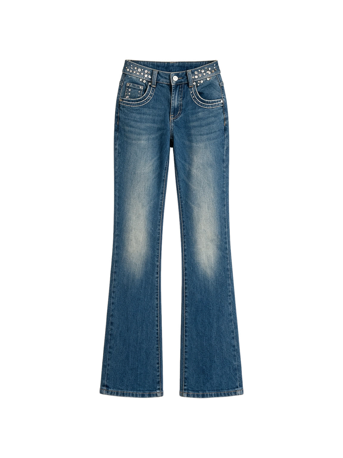 Blue wide leg jeans with a crystal set waistband