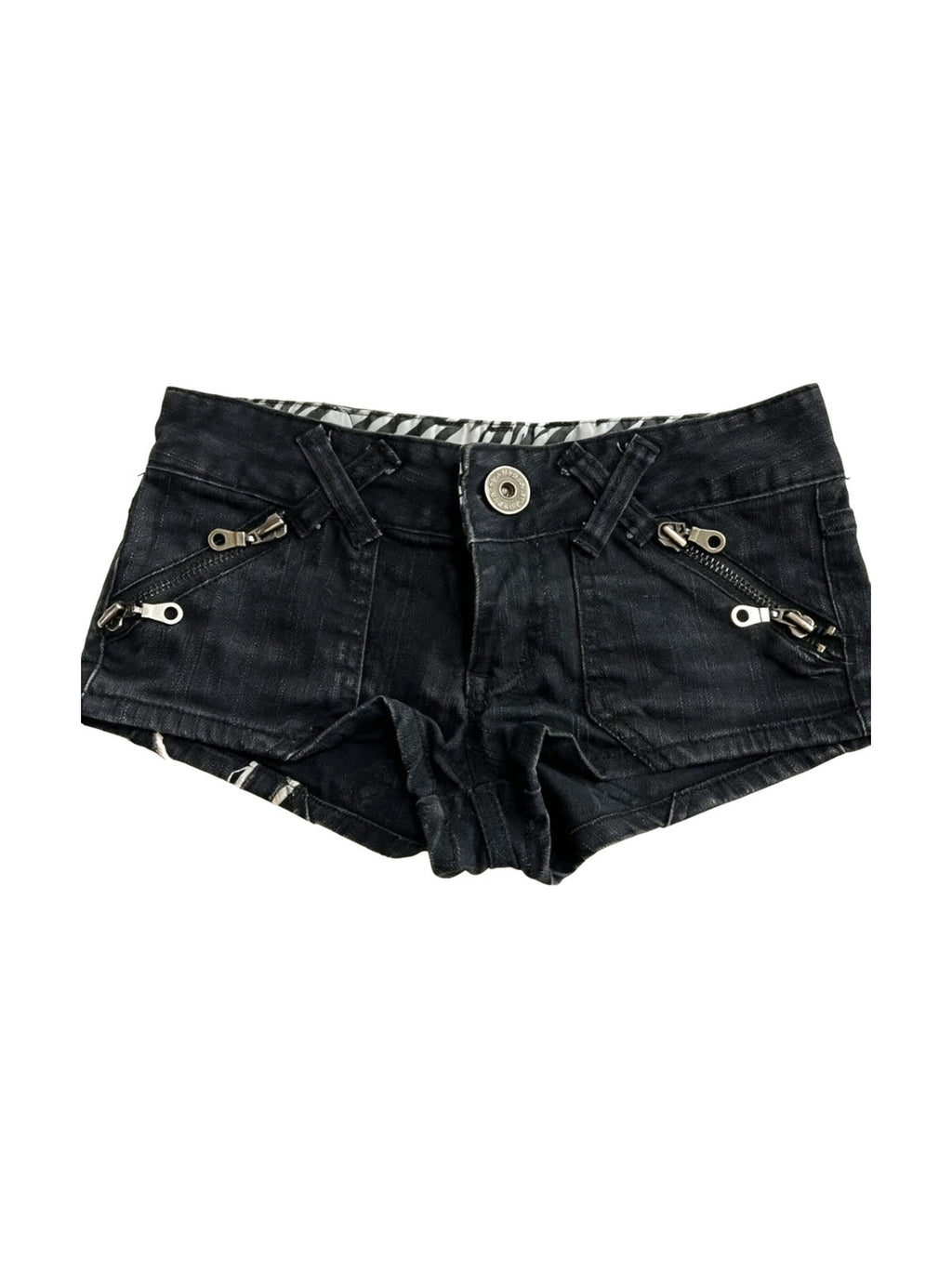 Washed black denim micro shorts with exposed zips