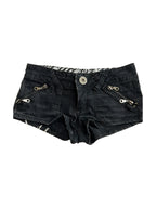 Washed black denim micro shorts with exposed zips