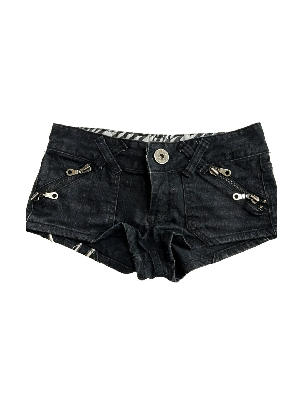 Washed black denim micro shorts with exposed zips