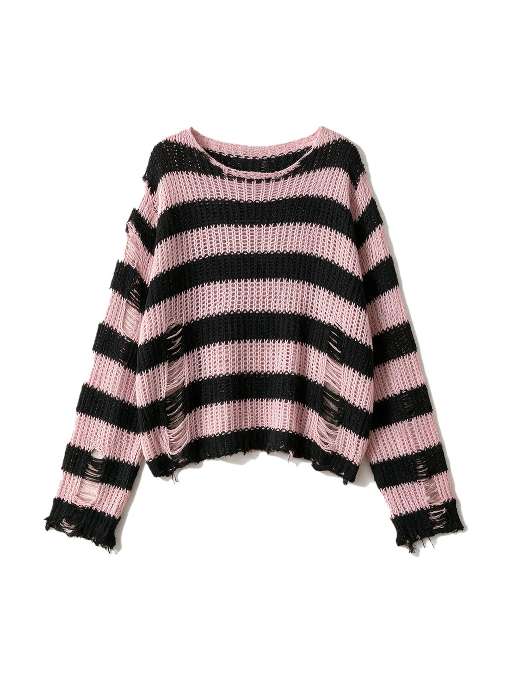 Oversized pink and black striped distressed knit sweater