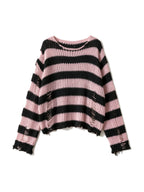 Oversized pink and black striped distressed knit sweater