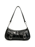 Black leather baguette bag with two buckled front pockets