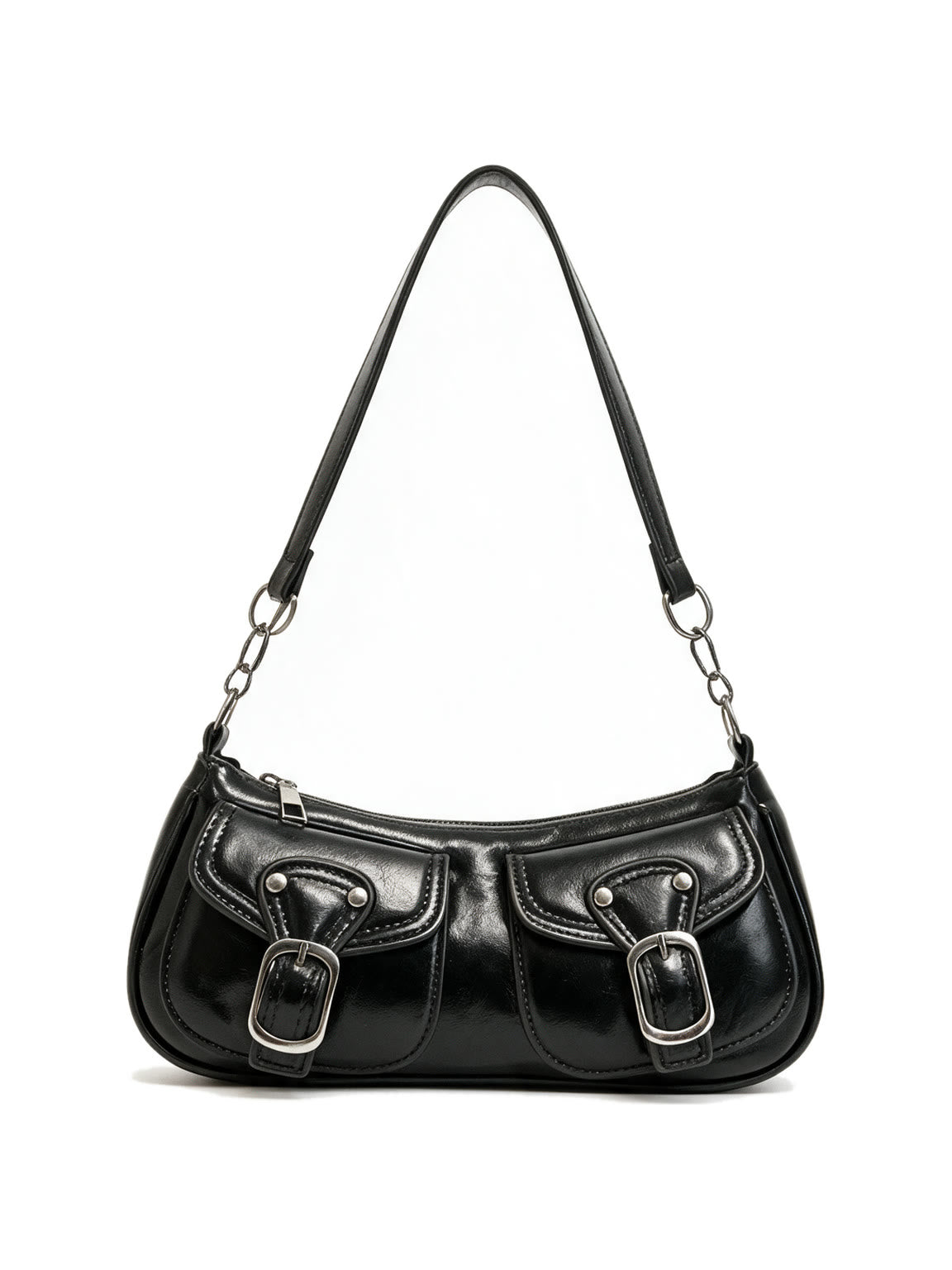 Black leather baguette bag with two buckled front pockets