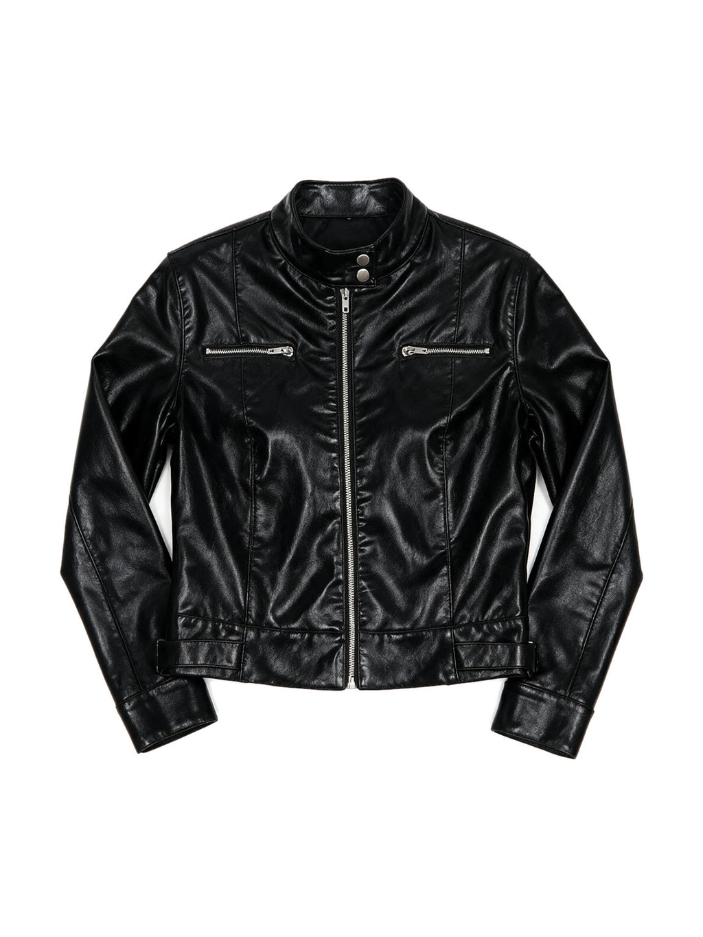 Black leather jacket with a shirt collar and chest zips