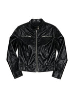 Black leather jacket with a shirt collar and chest zips