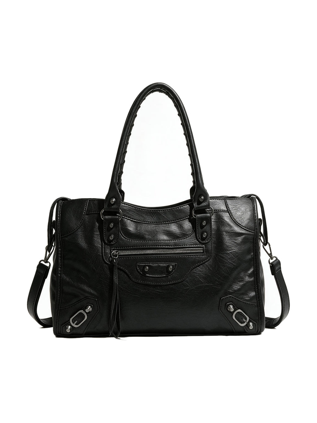 Washed black moto city bag with braided leather handles