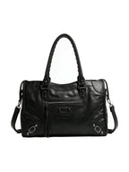 Washed black moto city bag with braided leather handles