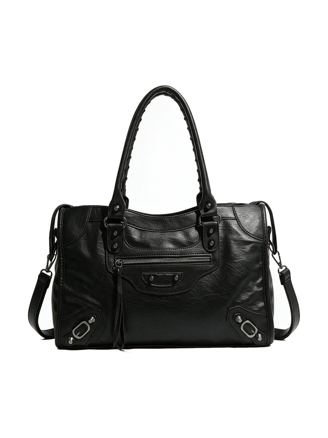 Washed black moto city bag with braided leather handles