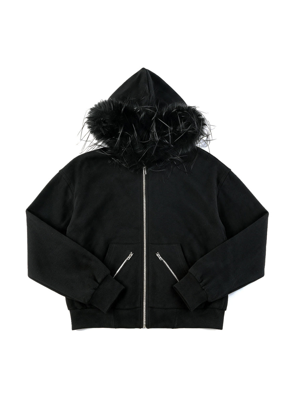 Black zip bomber jacket with a faux fur trimmed hood