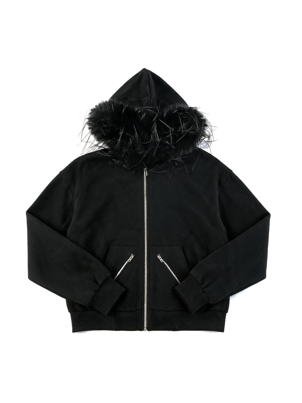 Black zip bomber jacket with a faux fur trimmed hood