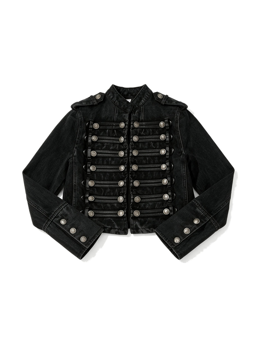 Cropped black military band jacket with braid and dome buttons