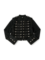 Cropped black military band jacket with braid and dome buttons