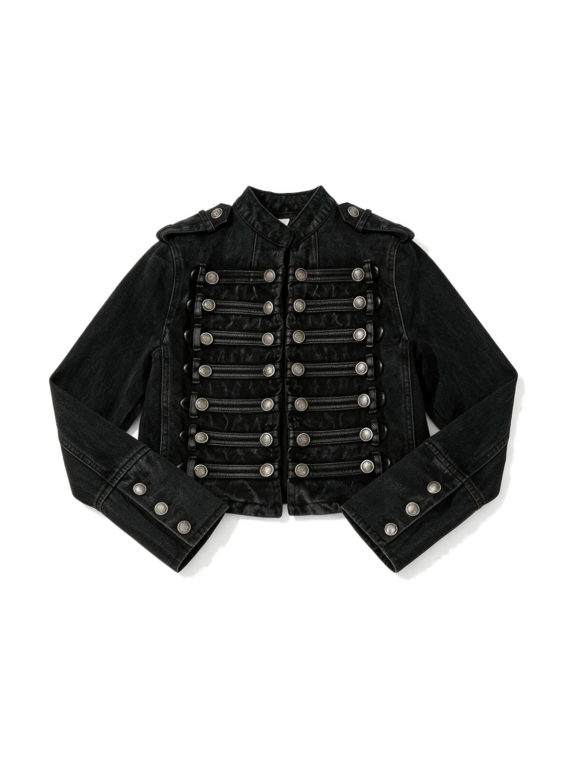 Cropped black military band jacket with braid and dome buttons