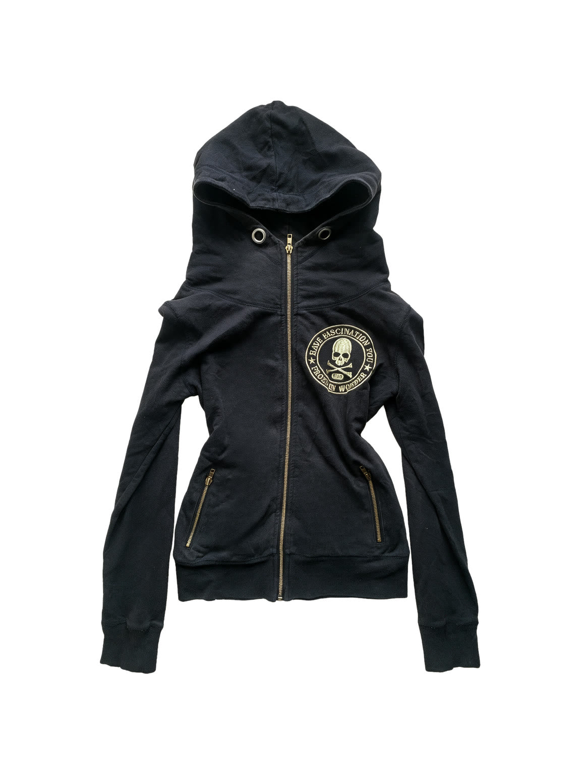 Slim black zip hoodie with an embroidered skull crest