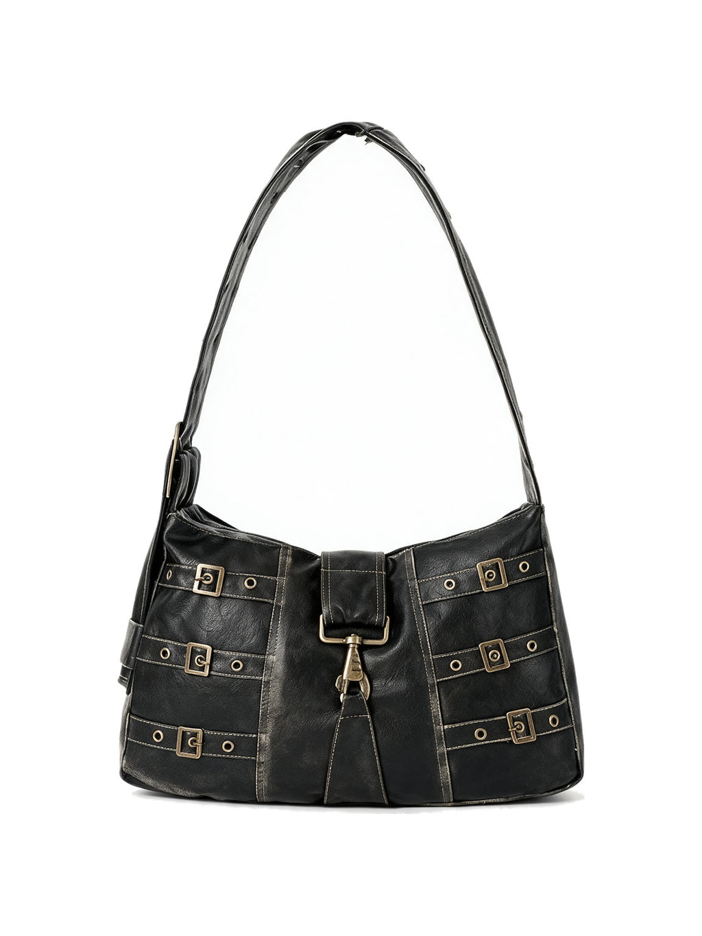 Black leather shoulder bag with multiple buckled straps and a padlock charm