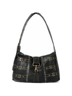 Black leather shoulder bag with multiple buckled straps and a padlock charm