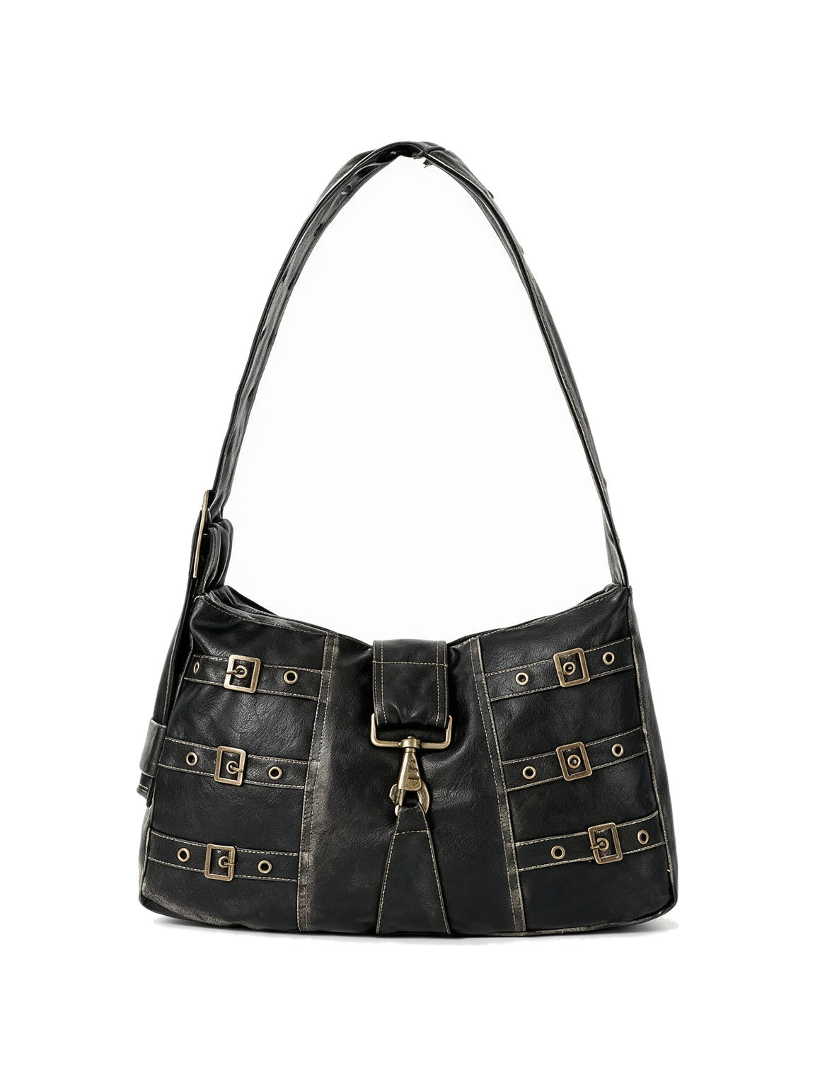 Black leather shoulder bag with multiple buckled straps and a padlock charm