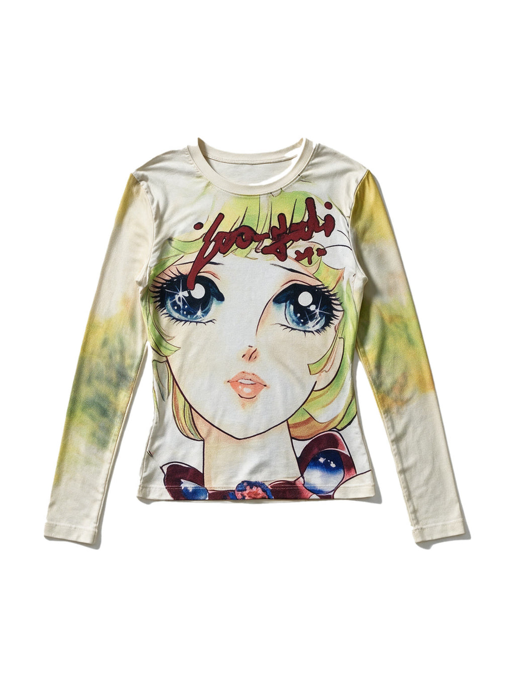 Cream long sleeve tee with a large anime face print