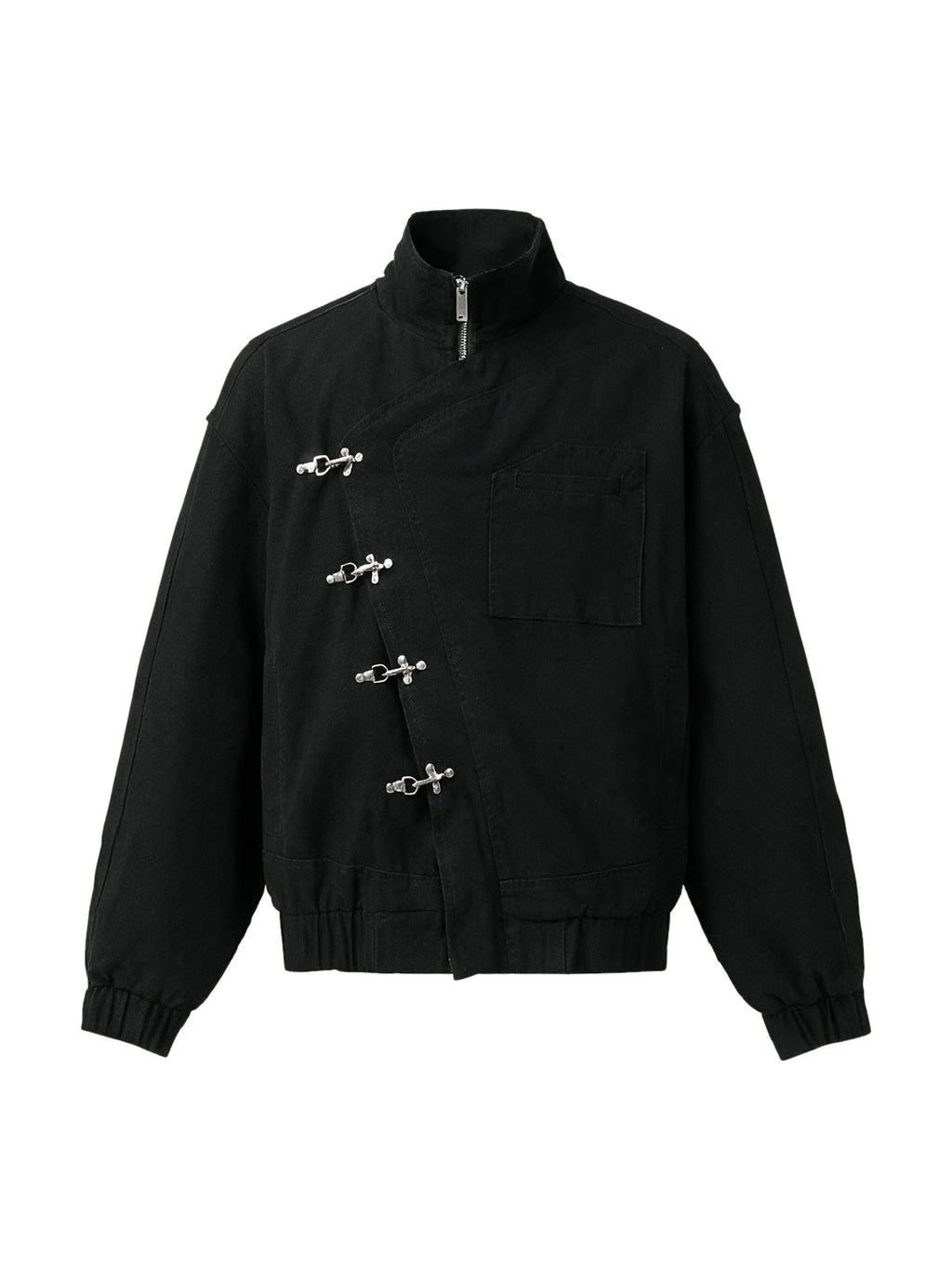 Black stand collar jacket with silver toggle clasps